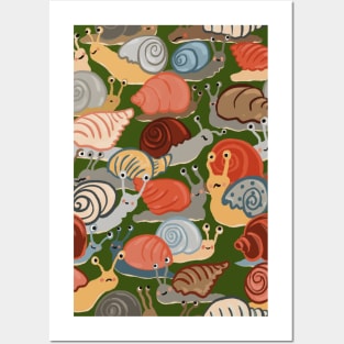 Snail Trail - repeat pattern of funny snails on dark green Posters and Art